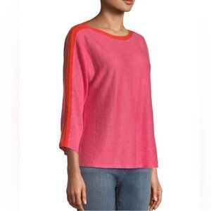 Eileen Fisher Sweater 100% Linen Bright Pink Red Trim 3/4 Sleeve Women’s Size L